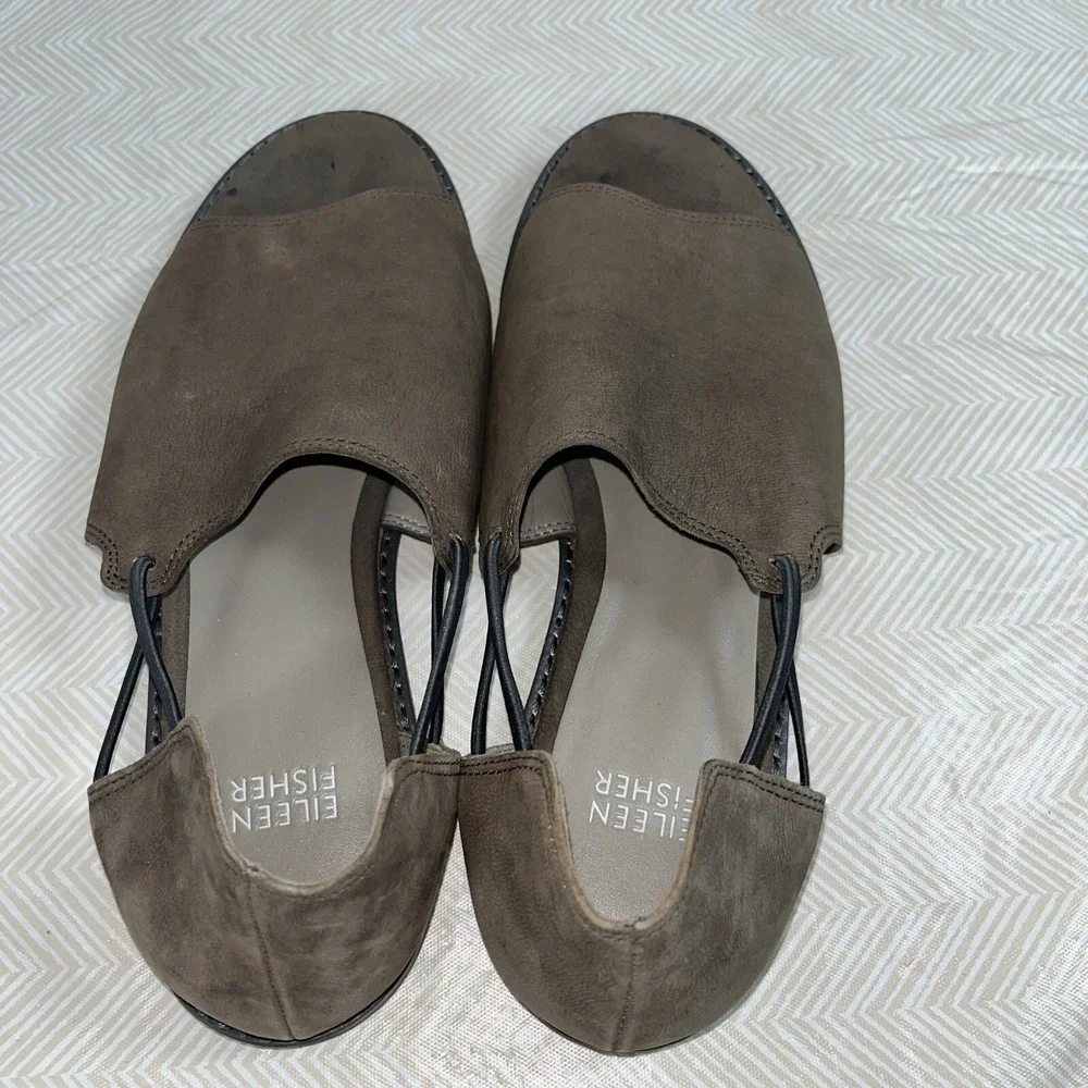 Eileen Fisher Women's Peep Toe Sandals Flat Shoes Sz 7 Brown Suede Flats Leather